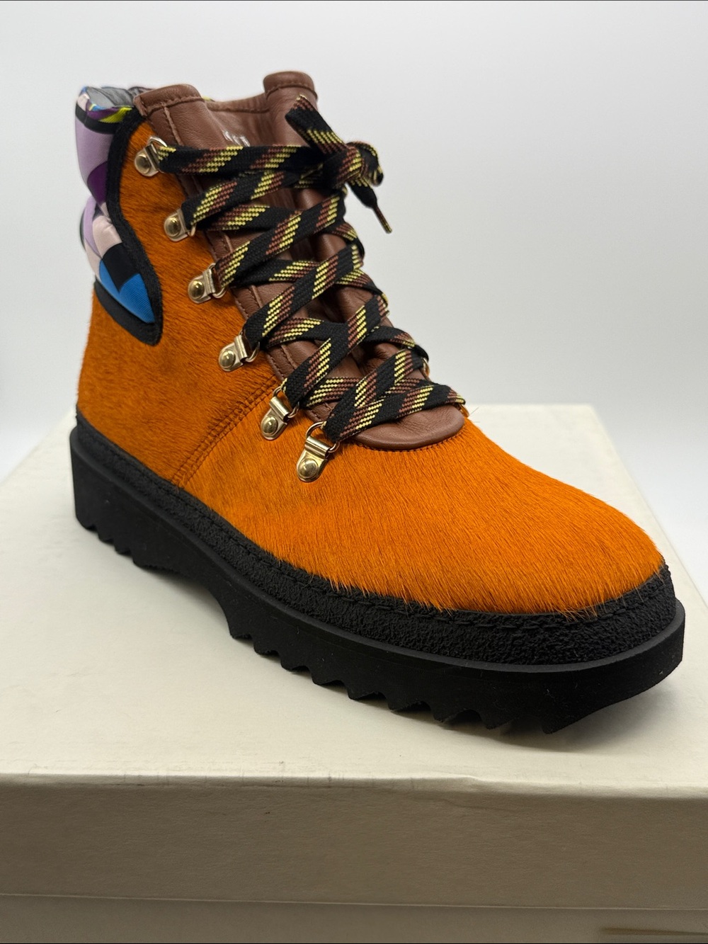 Emilio Pucci Bright Orange Lace-Up Fur Hiking Boot with Black Sole